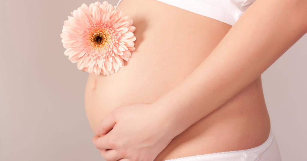 Three month pregnant woman, cradling her belly and holding a daisy on top of her baby bump